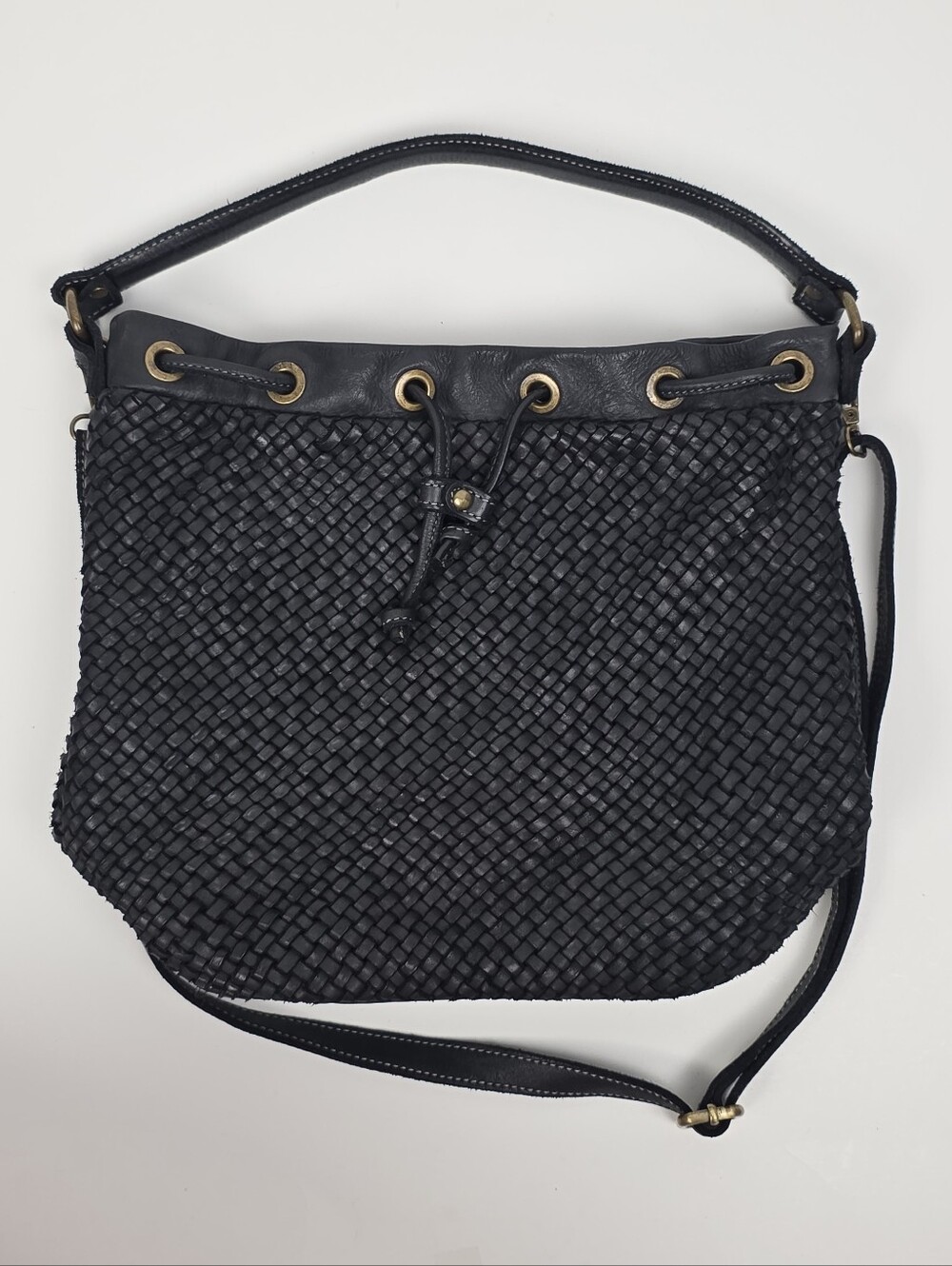 Valentina Woven Leather Bucket Purse Black - Picture 2 of 13